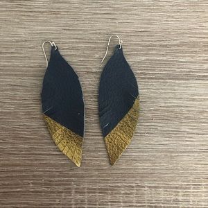 Navy and gold feather hand painted earrings